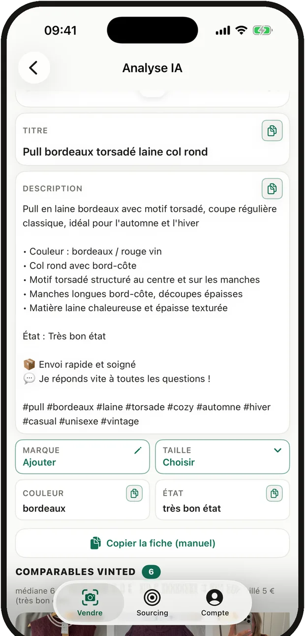 L’écran fiche : titre, description détaillée, marque, taille, couleur et état déjà remplis.