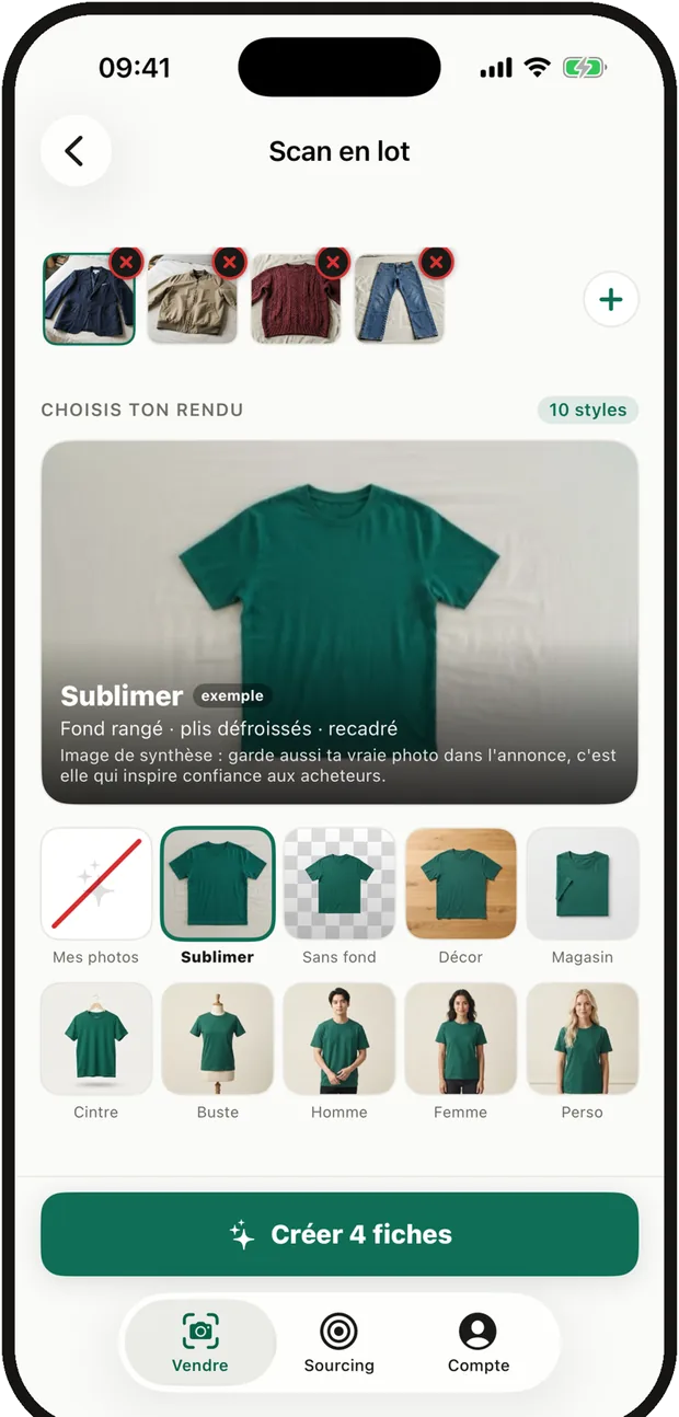 L’écran du scan par lot : plusieurs vêtements photographiés à la suite, chacun avec sa fiche.