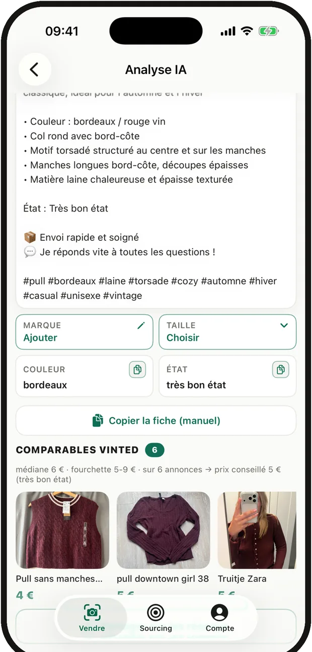 L’écran prix : un curseur, la médiane des annonces comparables et la liste de ces annonces.