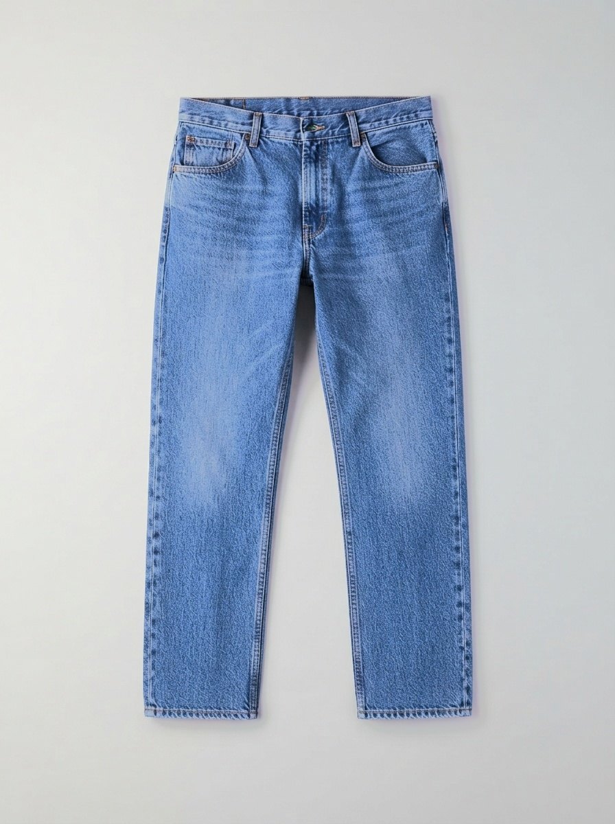 Le même jean, sur une surface neutre unie, à plat et cadré en portrait.