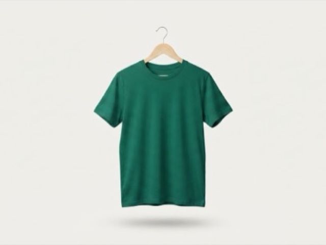 Le même t-shirt suspendu à un cintre en bois.