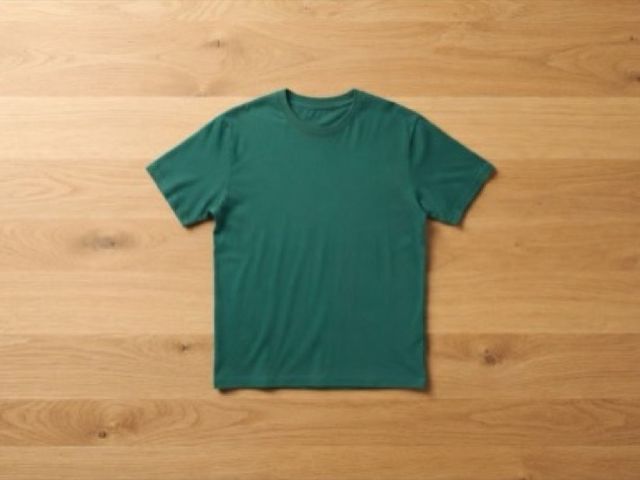Le même t-shirt posé à plat sur un parquet clair.