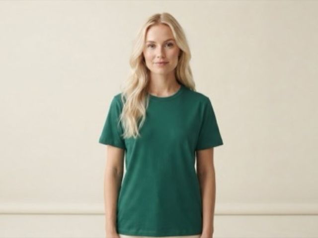 Le même t-shirt porté par une silhouette réglée par la vendeuse.