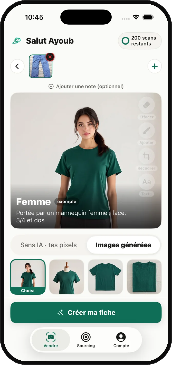 L’écran de choix du rendu : le mannequin femme sélectionné, et la rangée des autres rendus en dessous.