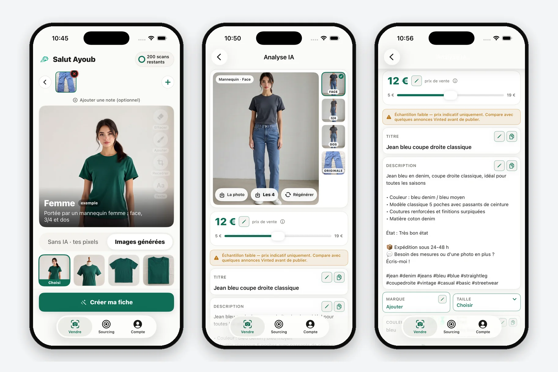 Trois écrans de l’app côte à côte : le choix du rendu sur la photo du jean, les photos générées sur mannequin, et la fiche écrite : prix conseillé, titre, description.