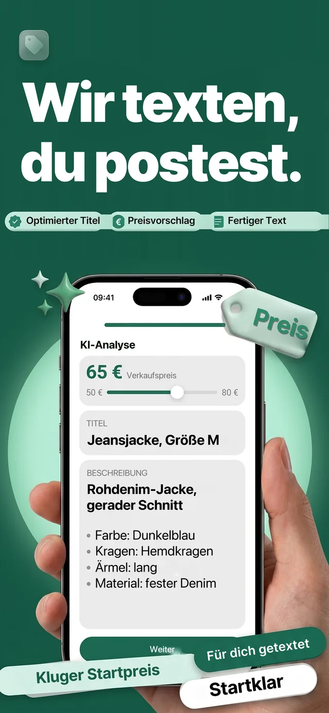 Vintapp-Screenshot: Titel, Beschreibung und Preisvorschlag, aus einem einzigen Foto geschrieben.