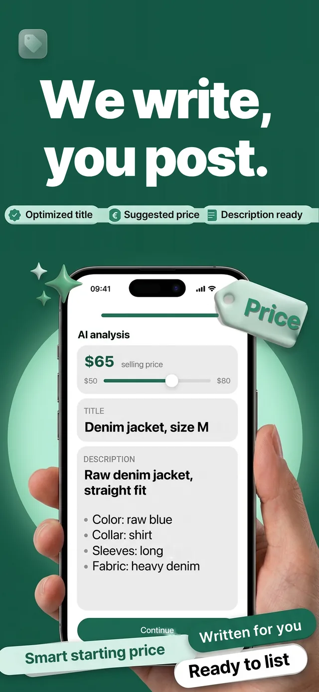 Vintapp screenshot: the title, description and suggested price written from a single photo.