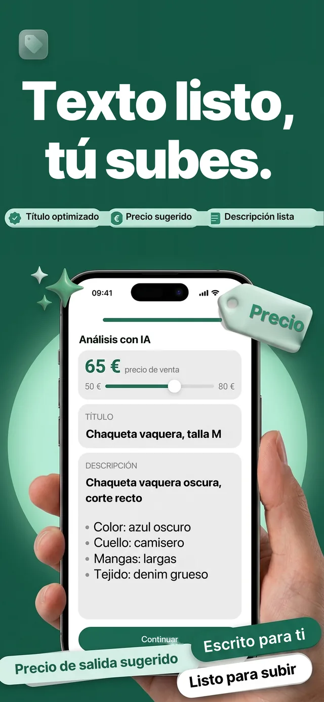 Captura de Vintapp: el título, la descripción y el precio sugerido escritos a partir de una sola foto.
